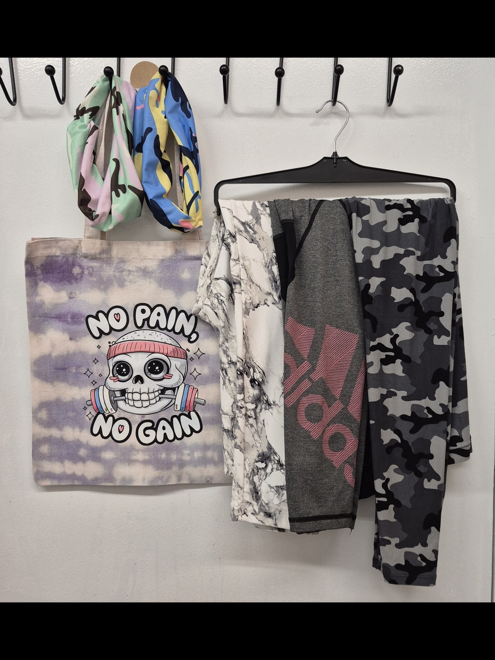 GYM bundle: 3 MED Leggings (adidas, Marble, Camo) + Tote Bag + 2 Headbands
